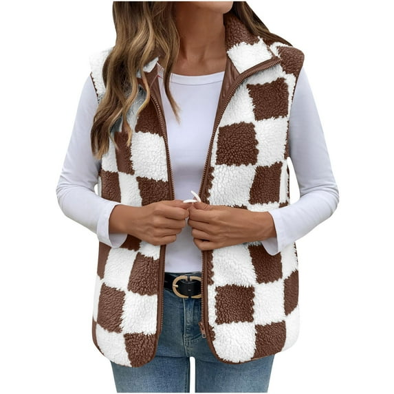 Womens Checkered Sherpa Vest Zip Up Plaid Sleeveless Fleece Jacket Stand Collar Winter Gilet with Chest Pocket Coffee, S