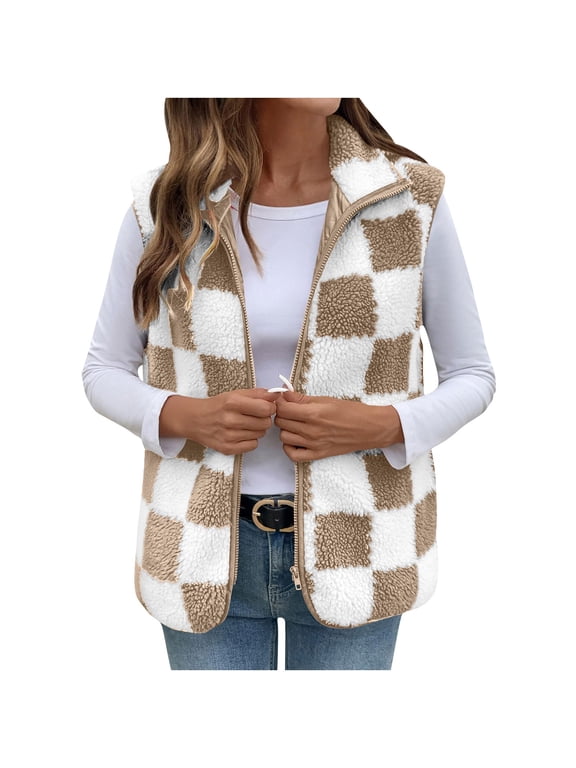 Womens Checkered Sherpa Vest Zip Up Plaid Sleeveless Fleece Jacket Stand Collar Winter Gilet with Chest Pocket Khaki, M