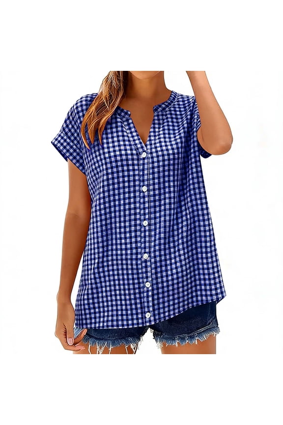 Womens Checkered Shirts Short Sleeve Tees Plaid Shirts Henley Neck Button-Up Shirts Casual Collared Spring Office Work Shirts Tops