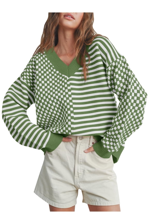 Womens Checkered Striped Sweater V Neck Long Sleeve Cozy Pullover Top Brown - L
