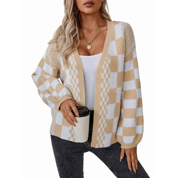 Womens Checkered Sweater Color Block Plaid Cardigan Oversized Long Sleeve Knit Open Front Coats Khaki S