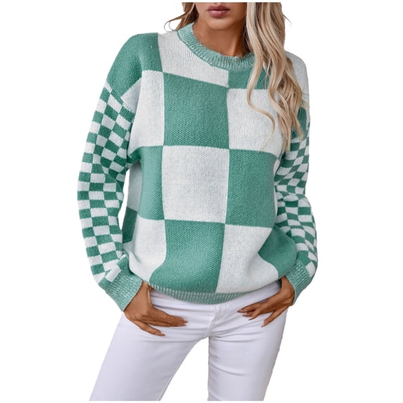 Womens Checkered Sweaters Fall Fashion Pullover Sweater Long Sleeve Plaid Loose Knit Tops Winter Fashion Outfits Mint Green, M