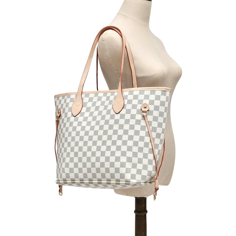 Mk Gdledy Womens Checkered Tote Shoulder Bag with Inner Pouch - PU Vegan Leather Shoulder Satchel Fashion Bags -Cream Checkered, Women's, Size: One