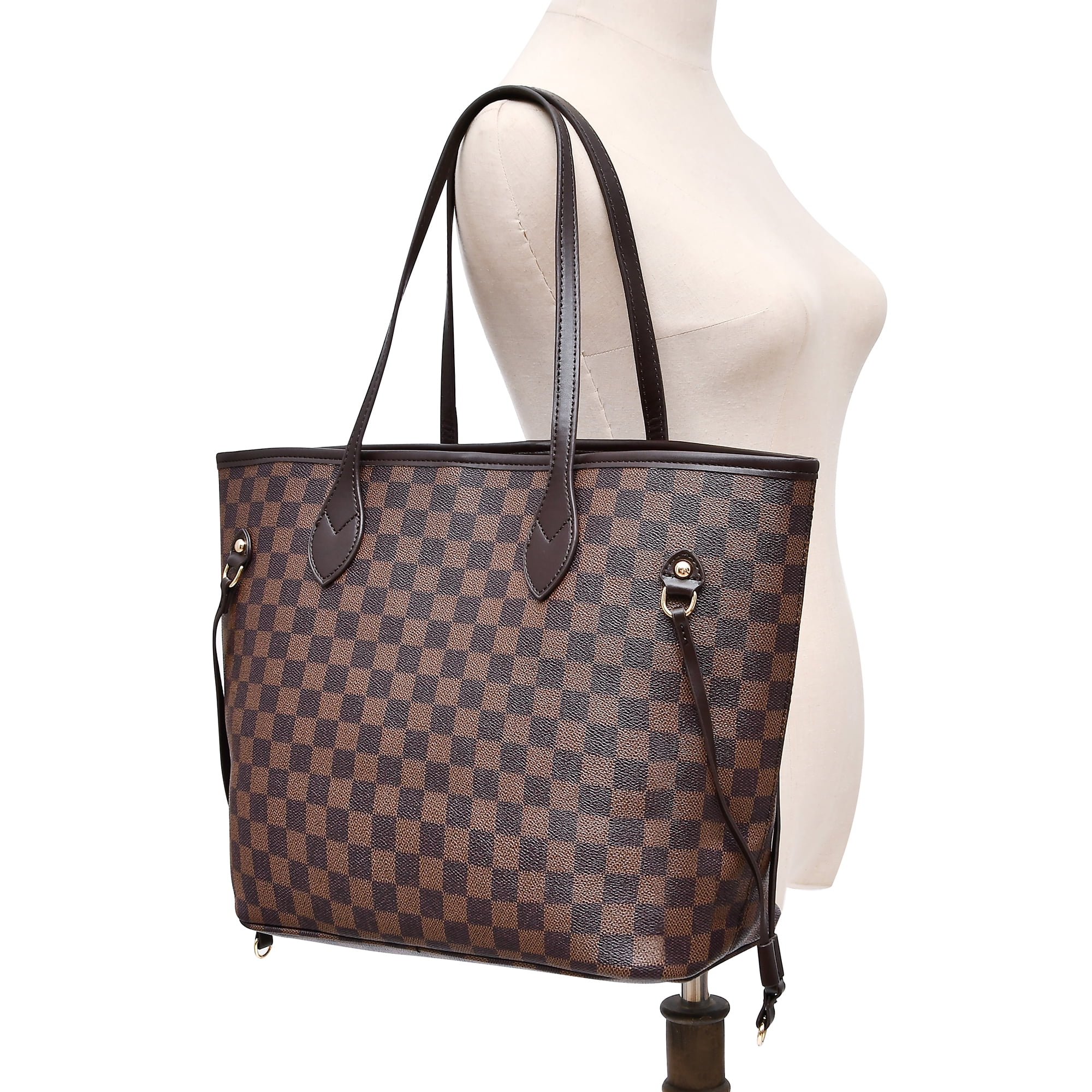 Luxury Checkered Bag with Inner Pouch - PU Vegan Leather Monogram makeup  bag