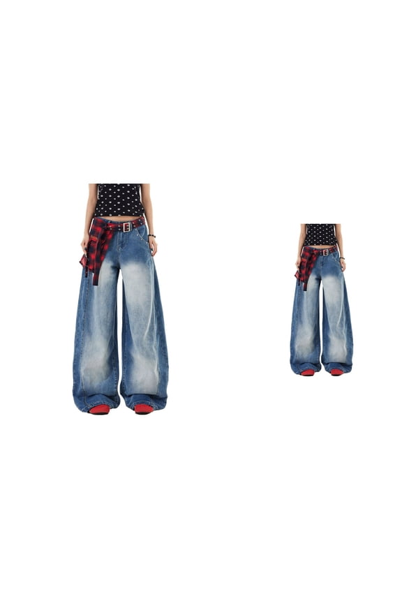 Womens Checkered Washed Denim Wide Leg Jeans with Curved Hem, Embroidered High Street Plaid Casual Pants