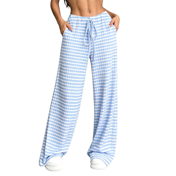 Womens Checkered Wide Leg Pants Flowy Drawstring Elastic Waist Palazzo Trousers Lightweight Casual Boho Pants with Pockets Light Blue