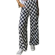 FIACAFYO Womens Checkered Wide Leg Pants High Elastic Waisted Straight Loose Fitted Lounge Trouser Streetwear Bottoms