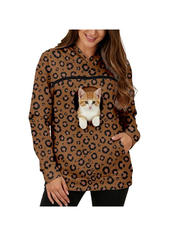 Womens Cheetah Cat Pouch Hoodies Small Pet Carrier Sweatshirt with Zipper Pocket Long Sleeve Casual Leopard Pullover Top for Animal Lover