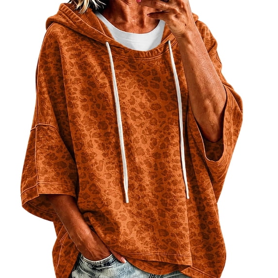 Womens Cheetah Print Hooded Sweatshirt Long Sleeve Leopard Pullover Hoodie Casual Loose Winter Tops Orange L