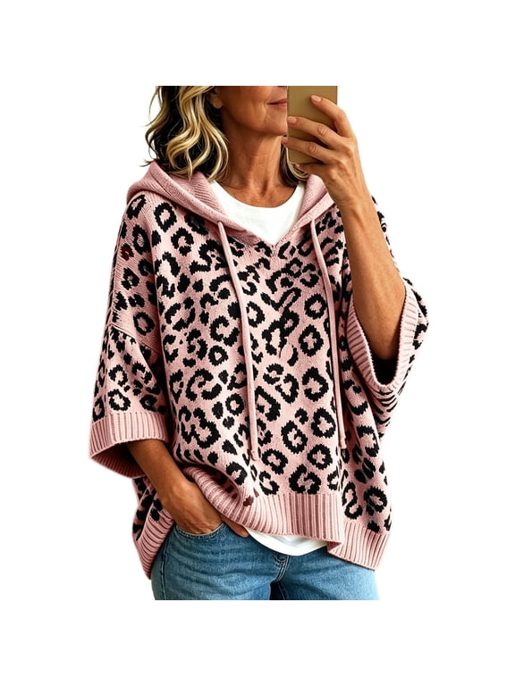 Cheetah Hooded Knit Sweaters for Women Oversized Drawstring 3/4 Sleeve Pullover Top Casual Fall Fashion Daily Sweatshirt Outfits