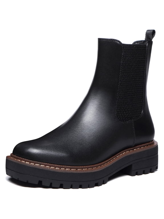 Womens Chelsea Ankle Boot Platform SlipOn Chunky Heel Lug Sole Leather Black 9.5