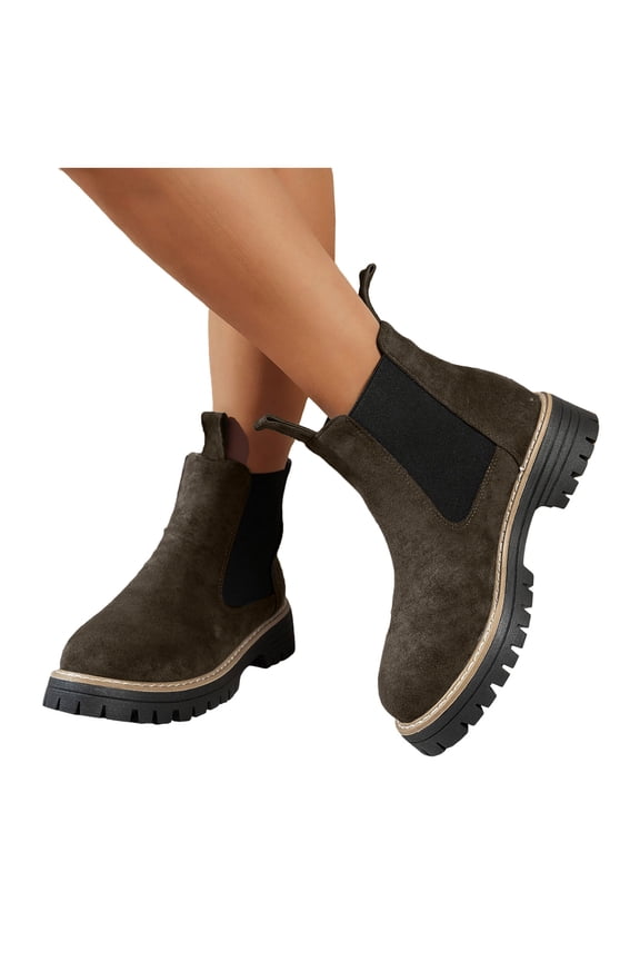 Womens Chelsea Boots Suede Round Toe Platform Lug Sole Ankle Booties Elastic Slip on Fall Boots