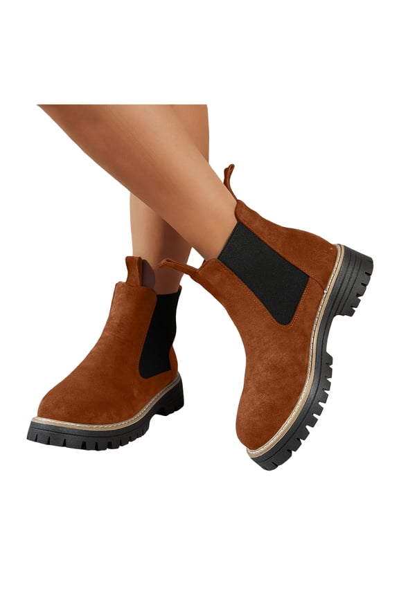 Womens Chelsea Boots Suede Round Toe Platform Lug Sole Ankle Booties Elastic Slip on Fall Boots