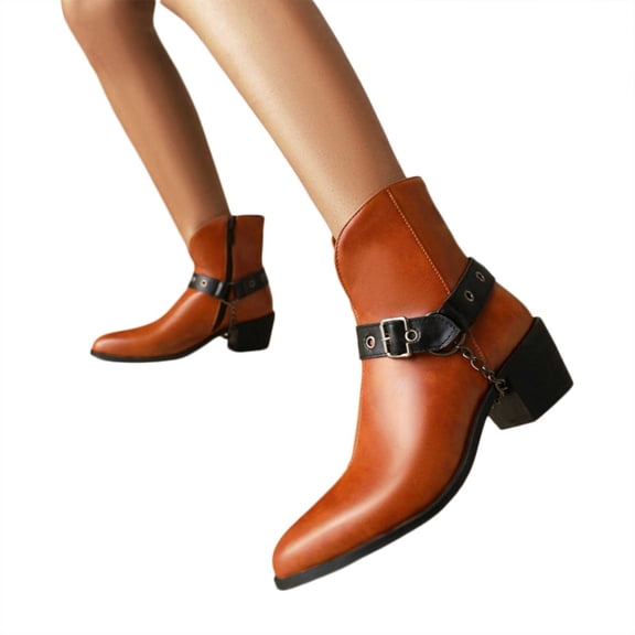 Womens Chelsea Oxfords Ankle Boots Vintage Punk Buckle Chain Leather Pointed Toe Mid Calf Cowboy Booties