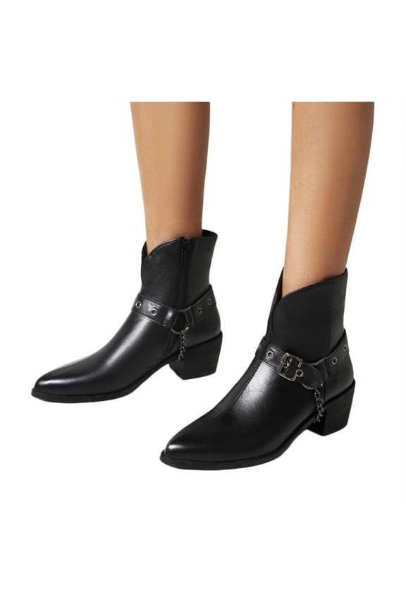 Womens Chelsea Oxfords Ankle Boots Vintage Punk Buckle Chain Leather Pointed Toe Mid Calf Cowboy Booties