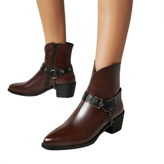 Womens Chelsea Oxfords Ankle Boots Vintage Punk Buckle Chain Leather Pointed Toe Mid Calf Cowboy Booties