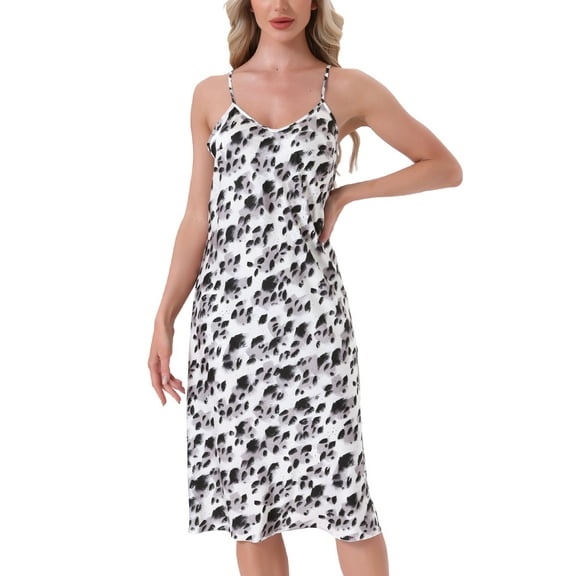 Womens Valentines Day Chemise Satin Leopard Sexy Spaghetti Strap Cross V Back Silky Slip Cami Slip Dress S Black Leopard