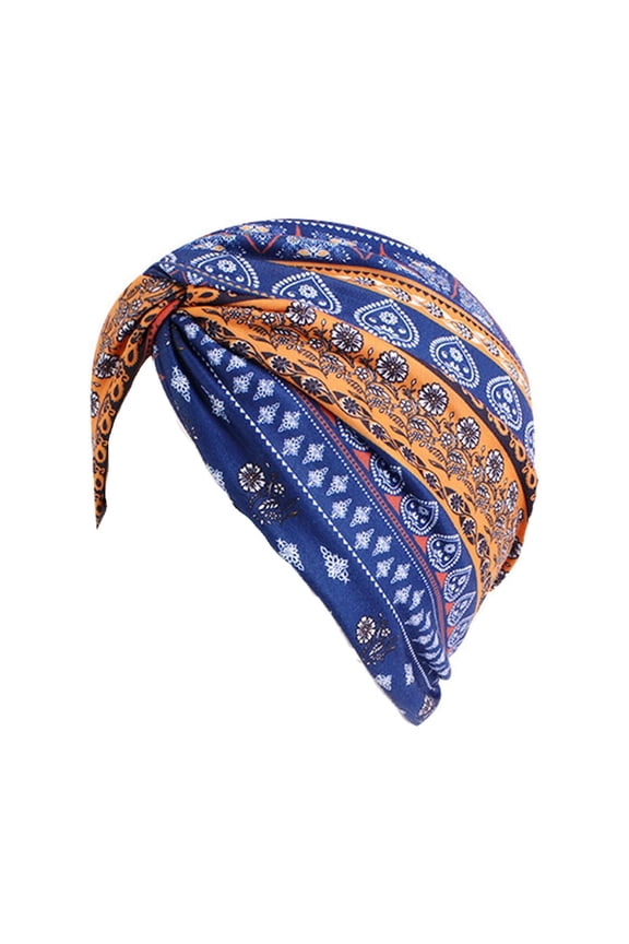 Womens Chemo Caps Ethnic Headscarf Hat Bandana Navy Orange Navy