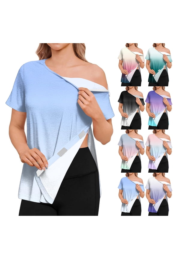 Womens Soft Shirts Short Sleeve Rotator Cuff Tear Away Tops Side Snap Postpartum Lounge Wear Adaptive Clothing,3XL,#03 Blue