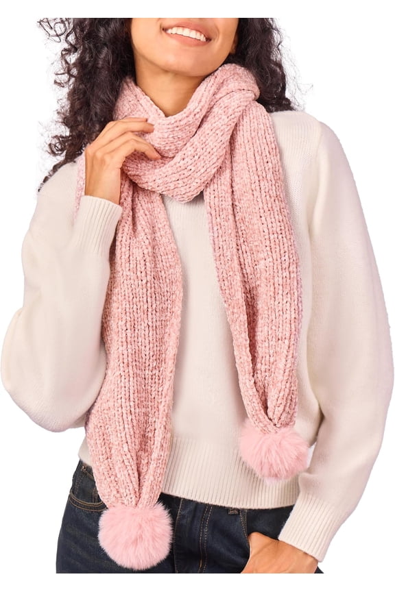 Womens Chenille Scarf with Pompom Winter Knit Warm Scarves for Cold Weather with Box