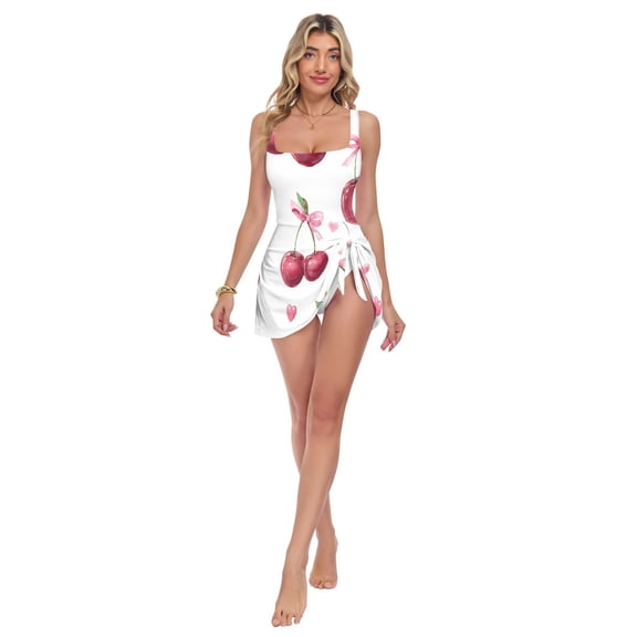 Womens Cherry Bow Pattern Print 2-in-1 Swim Dress Detachable Skirt One-Piece Swimsuit Square Neck S-XXL
