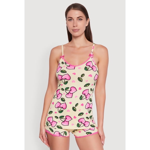 Womens Cherry Heart Print Lace Detail Pajama Cami and Shorts