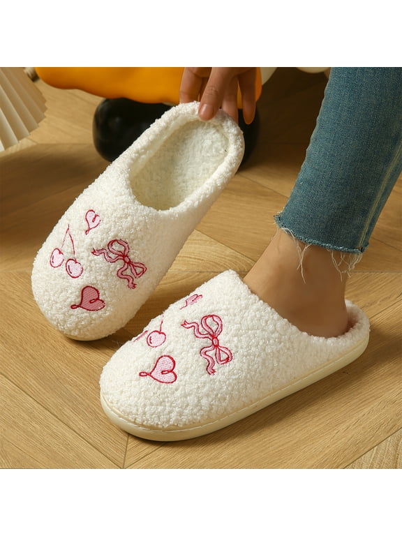 Womens Cherry Heart Slippers, Cherry with Heart Embroidered Fuzzy Plush House Shoes, Cozy Warm Closed Toe Indoor Bedroom Slippers, Non Slip Soft Sole Footwear, Cute Novelty Gift for Women
