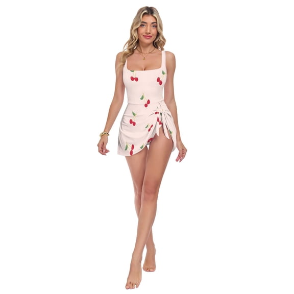 Womens Cherry Pattern Print 2-in-1 Swim Dress Detachable Skirt One-Piece Swimsuit Square Neck S-XXL