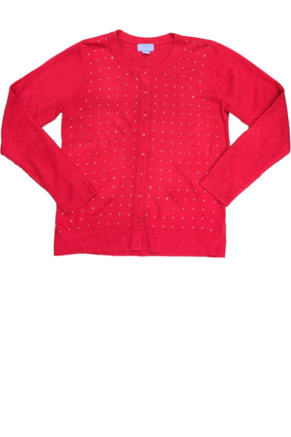 Womens Cherry Red Knit Bedazzled Sweater Casual Dress Cardigan Pullover