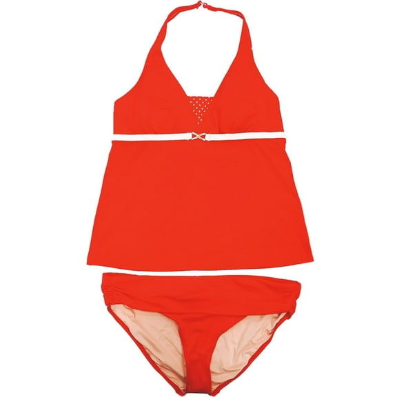Womens Cherry Red White Polka Dot 2 Piece Swimming Suit Tankini Set
