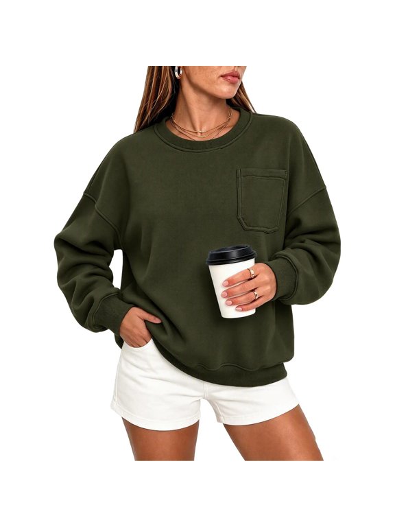 Womens Chest Pocket Crewneck Sweatshirts Long Sleeve Casual Pullover Tops Lightweight Fall Winter Sweatshirts(Army Green,XXL)