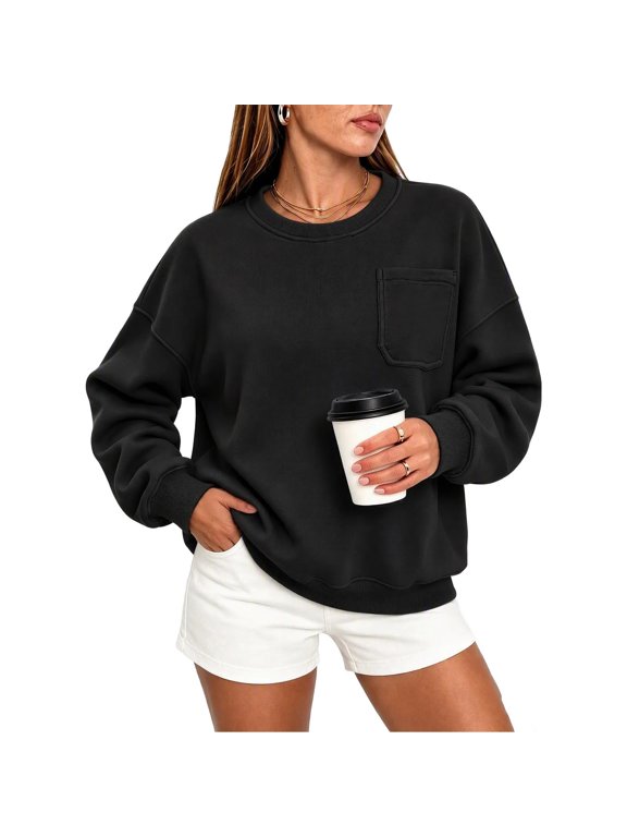Womens Chest Pocket Crewneck Sweatshirts Long Sleeve Casual Pullover Tops Lightweight Fall Winter Sweatshirts(Black,XXXL)