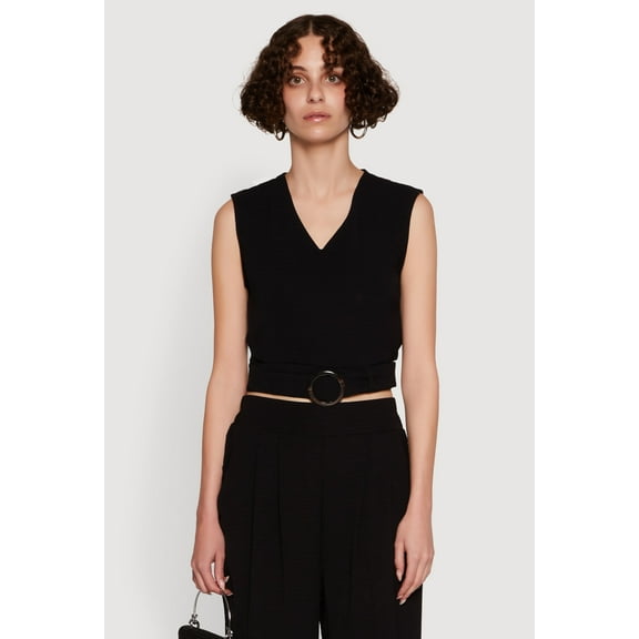 Womens Chic Crepe Knit V Neck Sleeveless Crop Top with Belted Front