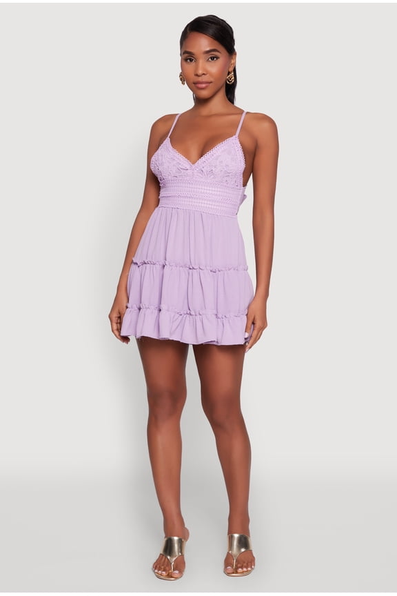 Womens Chic Crochet Detail V Neck Tiered Dress