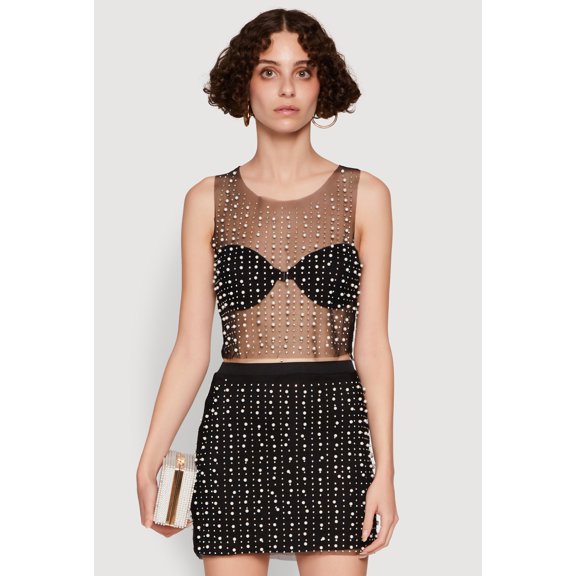 Womens Chic Faux Pearls and Rhinestone Sleeveless Mesh Top