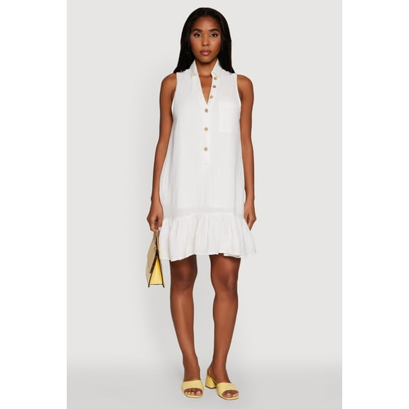 Womens Chic Gauze Knit Button Front Peplum Hem Dress