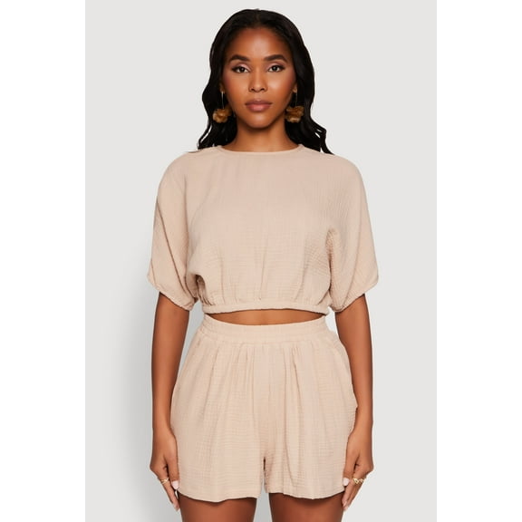 Womens Chic Gauze Knit Crew Neck Cropped Blouse with Dolman Sleeves