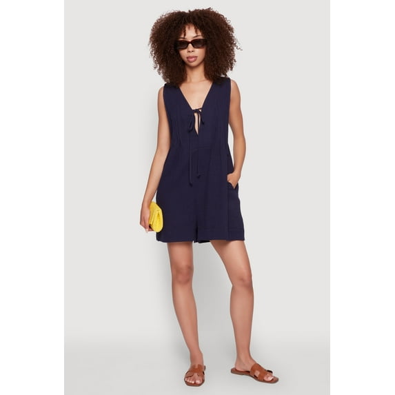 Womens Chic Gauze Knit Tie Front Sleeveless Romper