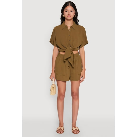 Womens Chic High Waisted Crepe Knit Shorts with Pockets