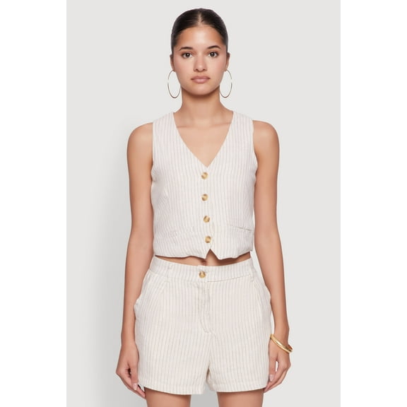 Womens Chic Linen Pinstripe Button Front Cropped Blazer Vest