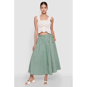 Womens Chic Poplin Button Front Mid Length Skater Skirt
