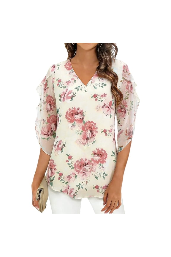 Womens Chic Ruffle Tops 3/4 Sleeve Chiffon Blouses Dressy Casual Summer V Neck Loose Fit Floral Work Shirts