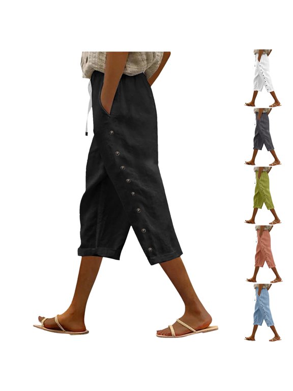 Womens Chic Side Snap Button Cropped Culottes Pants with Elastic Drawstring Waist and Convenient Pockets for Summer Vacation Trousers