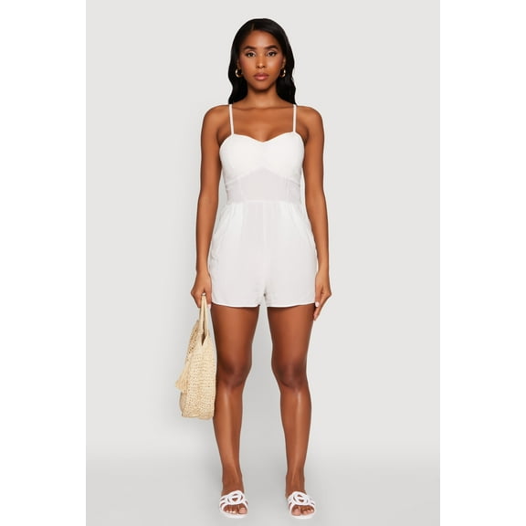 Womens Chic Sleeveless Padded Cup Romper with Pockets and Smocked Details