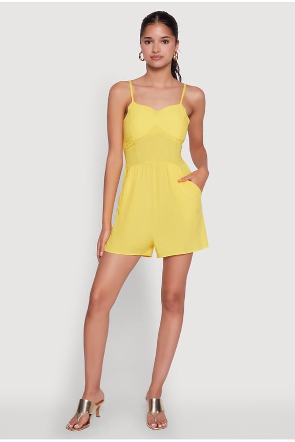 Womens Chic Sleeveless Padded Cup Romper with Pockets and Smocked Details