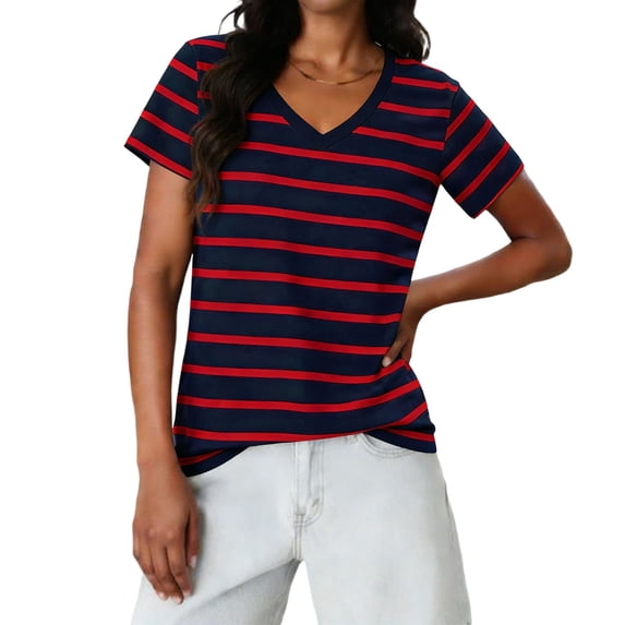 Womens Chic Striped V Neck Tee Basic Summer Short Sleeve Tops Work Casual 2026 Trendy Clothes Regular Fit T-Shirt