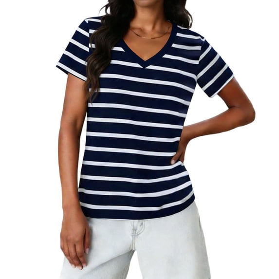 Womens Chic Striped V Neck Tee Basic Summer Short Sleeve Tops Work Casual 2026 Trendy Clothes Regular Fit T-Shirt