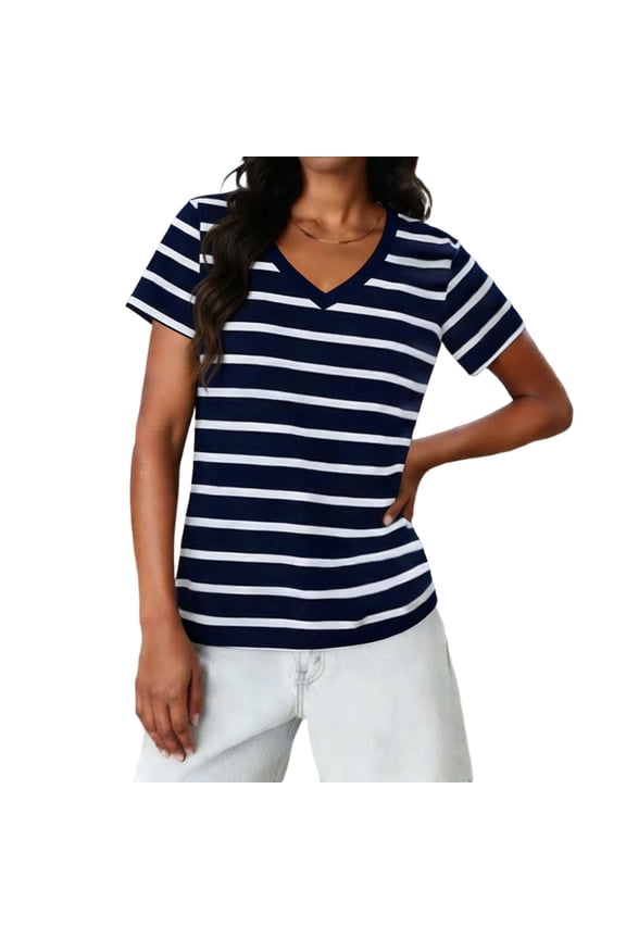 Womens Chic Striped V Neck Tee Basic Summer Short Sleeve Tops Work Casual 2026 Trendy Clothes Regular Fit T-Shirt