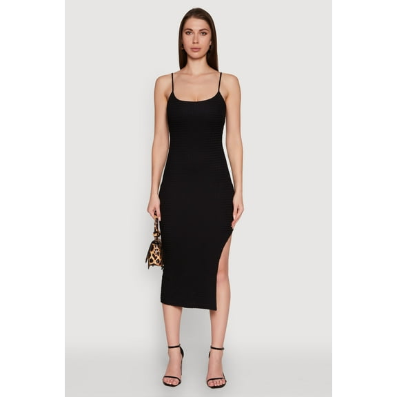 Womens Chic Textured Knit Scoop Neck Bodycon Dress with Side Slit