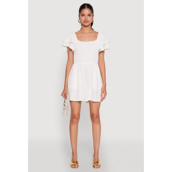 Womens Chic Tiered Ruffle Sleeve Smocked Crepe Knit Romper